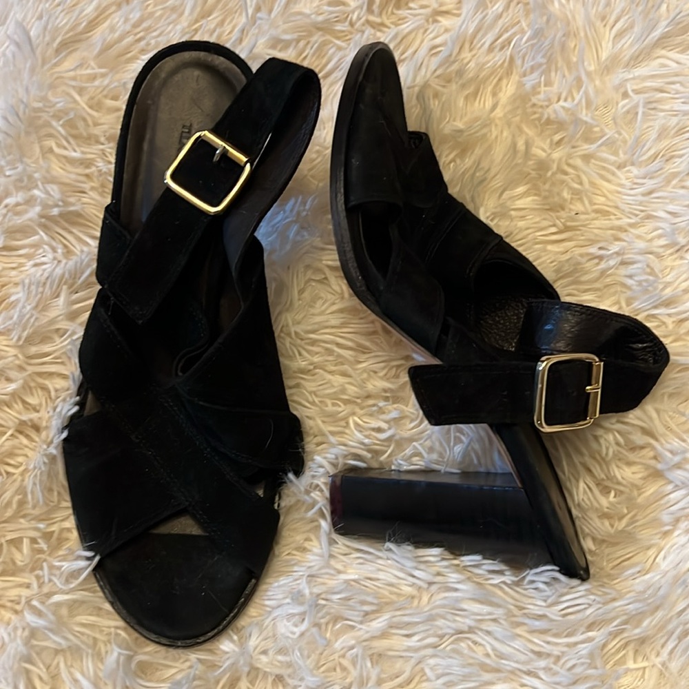Tila March Paris black suede buckle Heels